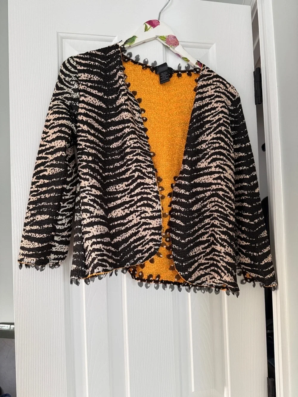berek Bright Yellow Open-Front Cardigan with Zebra Print Lining reversible S P
